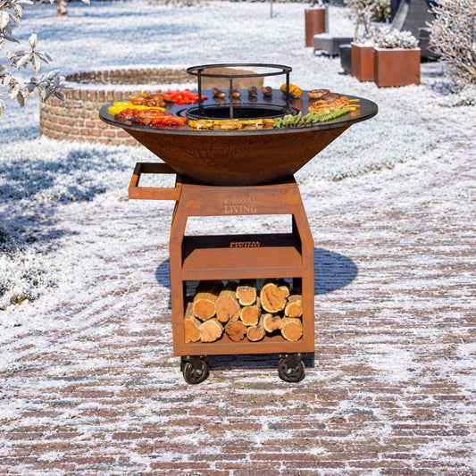 BBQ Plancha Grill Maestro XXXL Ø100cm Acciaio Corten - Con ruote grandi e contenitore per la legna
