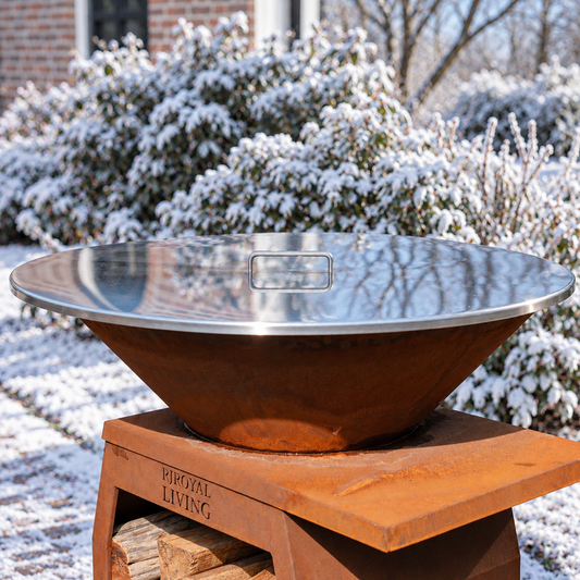 RVS 304 afdekplaat 80 cm met handvat op cortenstalen plancha in wintertuin