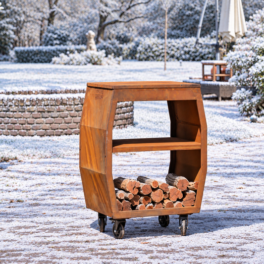 RJRoyal Living Tabla Cortar Cortenstaal zonder snijplank in een besneeuwde wintertuin